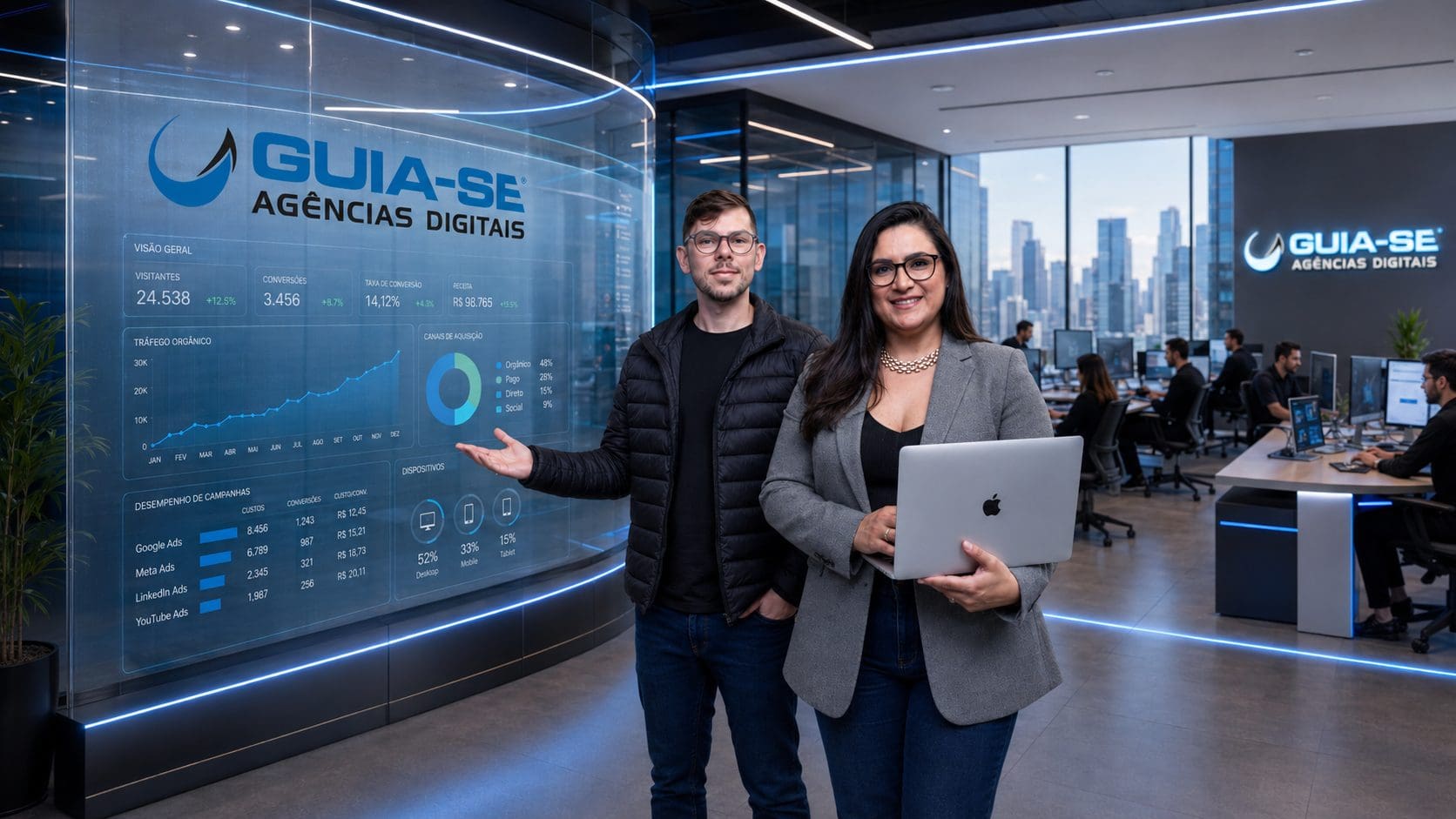 Guia-se Agências Digitais em escritório corporativo tecnológico Imagem corporativa futurista da Guia-se Agências Digitais, com dois profissionais em um escritório moderno de marketing digital, painel de dados, logo da empresa e ambiente tecnológico.