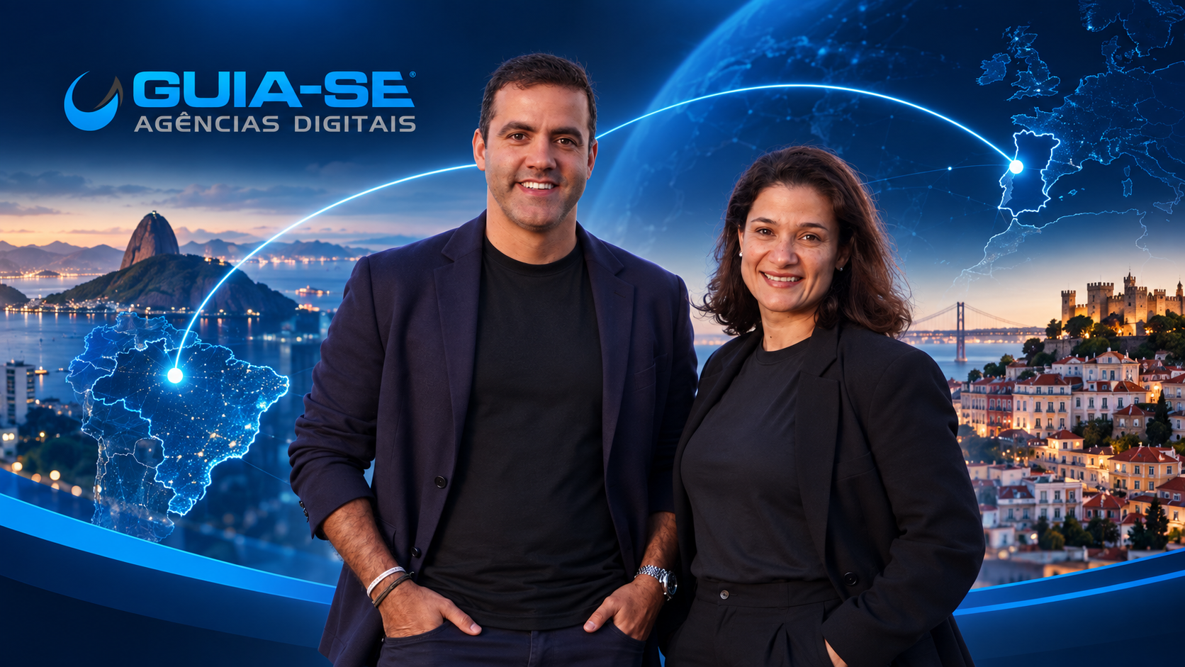 Franquia de Marketing Digital: Walter Pedra e Bárbara na Guia-se Portugal Walter Pedra e Bárbara, franqueados Guia-se, em imagem que representa a expansão de uma franquia de marketing digital entre Brasil e Portugal.